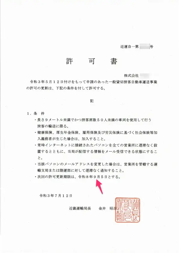 近畿運輸局の許可書見本